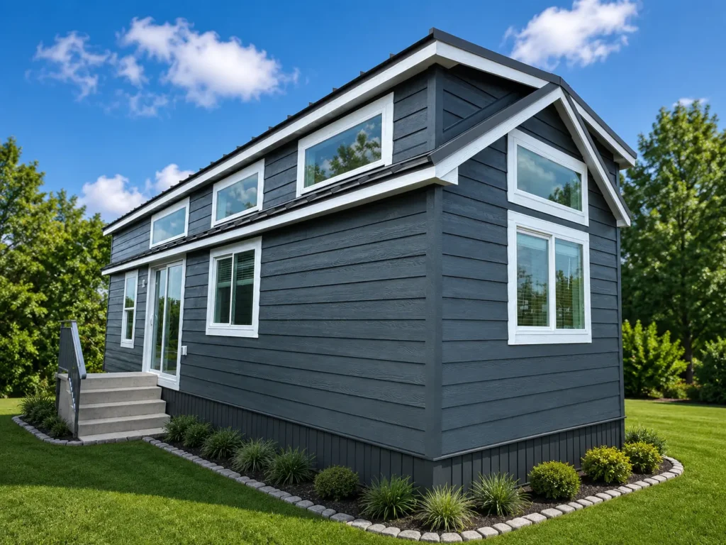 Two bedroom park model home featuring dark grey siding, white window trim, and a modern sloped roofline.