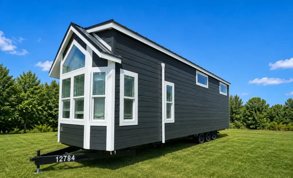 The Summit park model home featuring dark grey siding, white window frames, and a prominent front bay window design.